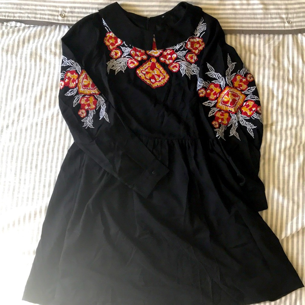 Shein Embroidered Collared Long Sleeve Dress